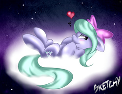 Size: 3300x2550 | Tagged: safe, artist:sketchiix3, flitter, pegasus, pony, g4, blushing, bow, cloud, female, hair bow, heart, high res, looking at you, mare, night, night sky, on back, shy, sky, solo, starry night