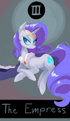 Size: 807x1389 | Tagged: safe, artist:twitchykismet, rarity, g4, female, looking at you, simple background, solo, tarot card, the empress, tiara