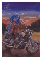 Size: 1024x1420 | Tagged: safe, artist:satynapaper, princess luna, anthro, g4, boots, clothes, female, gouache, motorcycle, night, painting, solo, traditional art