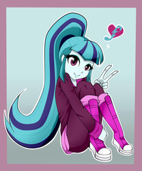 Size: 1000x1200 | Tagged: safe, artist:nekojackun, sonata dusk, equestria girls, g4, clothes, cute, female, heart, looking at you, music notes, pantyhose, peace sign, sitting, solo, sonatabetes