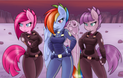 Size: 1553x980 | Tagged: safe, artist:ambris, maud pie, pinkie pie, rainbow dash, earth pony, pegasus, anthro, g4, season 5, the cutie re-mark, alternate timeline, apinkalypse pie, apocalypse dash, apocalypse maud, augmented, badass, colored pupils, crystal war timeline, female, hair over one eye, looking at you, pie sisters, pinkamena diane pie, prosthetic limb, prosthetic wing, scar, scene interpretation, siblings, sisters, trio