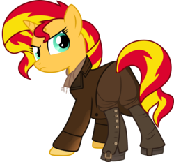 Size: 1877x1741 | Tagged: safe, artist:cloudy glow, sunset shimmer, pony, unicorn, equestria girls, g4, clothes, crossover, doctor who, female, feminism, gaiters, john hurt, leather, rebecca shoichet, scarf, single, transparent background, trenchcoat, vector, war doctor