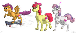 Size: 1500x650 | Tagged: safe, artist:shimazun, apple bloom, scootaloo, sweetie belle, g4, cutie mark, cutie mark crusaders, palindrome get, skateboard, the cmc's cutie marks