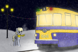 Size: 1024x683 | Tagged: safe, artist:subway777, derpy hooves, pegasus, pony, g4, christmas lights, clothes, night, russia, saint petersburg, scarf, snow, snowfall, tram, winter