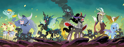 Size: 1962x756 | Tagged: safe, artist:tony fleecs, idw, discord, flam, flim, gilda, iron will, king sombra, lightning dust, queen chrysalis, trixie, changeling, changeling queen, draconequus, griffon, minotaur, pegasus, pony, unicorn, g4, siege of the crystal empire, spoiler:comic, spoiler:comic34, spoiler:comic35, spoiler:comic36, spoiler:comic37, antagonist, bad end, cover, equestria is doomed, eruption, female, flim flam brothers, male, mare, nose piercing, nose ring, piercing, rearing, septum piercing, smoke, stallion, this will end in death, this will end in pain, this will end in tears, volcano, we're boned, xk-class end-of-the-world scenario