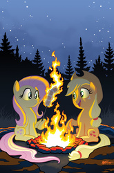 Size: 755x1147 | Tagged: safe, artist:tony fleecs, idw, applejack, fluttershy, g4, campfire, camping, cover, food, marshmallow