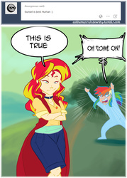 Size: 500x700 | Tagged: safe, artist:askhumanrainbowshy, rainbow dash, sunset shimmer, equestria girls, g4, ask, humanized, smug, tumblr