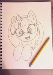 Size: 1058x1499 | Tagged: safe, artist:fuzon-s, twilight sparkle, g4, cute, female, happy, leaning, looking at you, open mouth, pencil, photo, portrait, sketch, smiling, solo, style emulation, traditional art, twiabetes, yuji uekawa style
