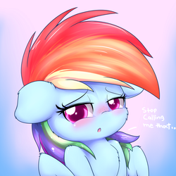 Size: 2500x2500 | Tagged: safe, artist:heavymetalbronyyeah, rainbow dash, pegasus, pony, g4, blushing, chest fluff, cute, dashabetes, dialogue, female, floppy ears, high res, i'm not cute, looking at you, open mouth, solo, talking to viewer, tsunderainbow, tsundere