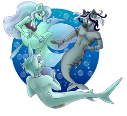 Size: 5128x4728 | Tagged: safe, artist:pixel-prism, oc, oc only, oc:crystal cameo, oc:makuru, oc:merryweather, mermaid, merpony, zebra, anthro, absurd resolution, beach ball, bubble, fins, fish tail, looking at each other, looking at someone, mershark, ocean, sharkmaid, smiling, tail, underwater, water