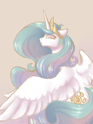 Size: 1500x2000 | Tagged: safe, alternate version, artist:vezar56, princess celestia, alicorn, pony, g4, female, floppy ears, frown, glare, gradient background, haughty, lidded eyes, looking at you, looking back, looking back at you, portrait, profile, solo, spread wings