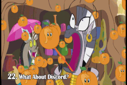 Size: 720x480 | Tagged: safe, artist:klystron2010, discord, fluttershy, zecora, zebra, g4, what about discord?, aho, animated, flutterrange, food, food transformation, gif, inanimate tf, orange, orangified, panic, screaming, season 5 in 55 seconds, transformation