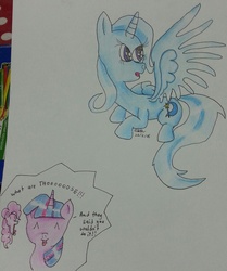 Size: 2004x2402 | Tagged: safe, artist:lizzyisme, pinkie pie, trixie, twilight sparkle, alicorn, pony, g4, alicornified, glad, happy, high res, race swap, shocked, surprised, traditional art, trixiecorn, what are thoooose