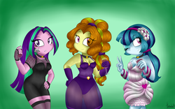 Size: 1024x640 | Tagged: safe, artist:queentigrel, adagio dazzle, aria blaze, sonata dusk, equestria girls, g4, choker, clothes, dress, earring, happy new year, looking at you, peace sign, piercing, smiling, the dazzlings