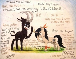 Size: 1016x787 | Tagged: safe, artist:thefriendlyelephant, oc, oc only, oc:mooncatcher, oc:sabe, antelope, giant sable antelope, pony, unicorn, angry, animal in mlp form, argument, bandana, cloven hooves, debate, duo, feather, fire, grass, horns, text, traditional art