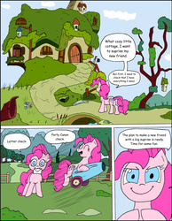 Size: 1024x1322 | Tagged: safe, artist:average-00, pinkie pie, comic:opposites, g4, cannon, comic, fluttershy's cottage, letter, mouth hold, party, this will end in tears