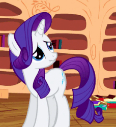 Size: 267x293 | Tagged: safe, screencap, rarity, pony, unicorn, g4, season 2, secret of my excess, animated, blinking, book, cropped, female, library, mare, nervous, scrunchy face, solo
