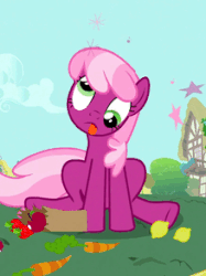 Size: 219x293 | Tagged: safe, screencap, cheerilee, earth pony, pony, g4, secret of my excess, animated, apple, carrot, circling stars, derp, dizzy, female, food, male, mare, solo