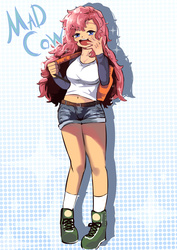 Size: 2480x3508 | Tagged: safe, artist:pk4g, pinkie pie, human, g4, backpack, clothes, female, high res, humanized, shorts, smiling, sneakers, solo, standing