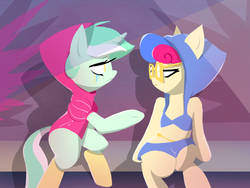 Size: 1600x1200 | Tagged: safe, artist:thegreatrouge, bon bon, lyra heartstrings, sweetie drops, earth pony, unicorn, semi-anthro, g4, best friends, chubby, clothes, female, hoodie, jenny (studio killers), lesbian, lineless, mare, ship:lyrabon, shipping, studio killers, sunglasses, swimsuit