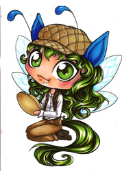 Size: 820x1149 | Tagged: safe, artist:forunth, oc, oc only, oc:peanut, breezie, human, :t, antennae, blushing, cute, eating, fairy wings, humanized, kneeling, looking at you, peanut, smiling, solo