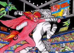 Size: 1024x734 | Tagged: safe, artist:3vilpyro, artist:militaryponiesda, oc, oc only, oc:fire strike, pegasus, zebra, anthro, boxing, boxing ring, colored pencil drawing, fight, fighter, inked and colored, mouth guard, stadium, traditional art