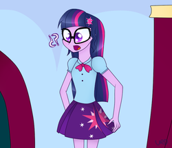 Size: 693x600 | Tagged: dead source, safe, artist:ultrard, sci-twi, twilight sparkle, equestria girls, g4, alternate clothes, alternate hairstyle, clothes, clothes swap, colored pupils, cutie mark on clothes, female, glasses, loose hair, question mark, signature, skirt, solo, surprised, twilight sparkle's skirt