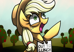 Size: 1754x1240 | Tagged: safe, artist:rambopvp, applejack, earth pony, pony, g4, apple tree, eye twitch, female, open mouth, pointing, sign, silly, silly pony, solo, who's a silly pony, wide eyes