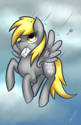 Size: 1024x1583 | Tagged: safe, artist:celliron, derpy hooves, pegasus, pony, g4, balloon, female, flying, letter, mare, mouth hold, present, rain, solo