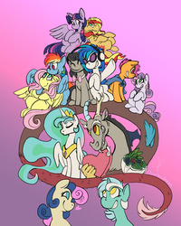 Size: 2800x3500 | Tagged: safe, artist:overlordneon, bon bon, discord, dj pon-3, fluttershy, lyra heartstrings, octavia melody, princess celestia, rainbow dash, scootaloo, sunset shimmer, sweetie belle, sweetie drops, twilight sparkle, vinyl scratch, alicorn, pony, g4, female, headphones, heads together, headset, high res, lesbian, listening to music, male, mare, music, one eye closed, one eye open, one sided shipping, shared headphones, sharing headphones, ship:dislestia, ship:flutterdash, ship:lyrabon, ship:scootabelle, ship:scratchtavia, ship:sunsetsparkle, shipping, smiling, speaker, straight, twilight sparkle (alicorn)