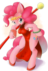 Size: 1378x2039 | Tagged: safe, artist:hidamariru, pinkie pie, earth pony, anthro, g4, arm hooves, armpits, breasts, cheongsam, chestbreasts, clothes, cute, diapinkes, female, journey to the west, pixiv, pole, side slit, solo, staff, sun wukong