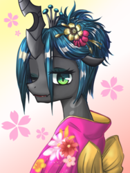 Size: 600x800 | Tagged: safe, artist:jurisalis, queen chrysalis, g4, alternate hairstyle, bust, clothes, female, flower, flower in hair, kanzashi, kimono (clothing), lipstick, looking at you, makeup, one eye closed, solo, wink