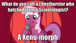 Size: 800x450 | Tagged: safe, cheerilee, xenomorph, g4, alien (franchise), cheerilee pun, chestburster, exploitable meme, meme, pun, scientology, xenu