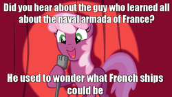 Size: 800x450 | Tagged: safe, cheerilee, earth pony, pony, g4, cheerilee pun, exploitable meme, female, france, meme, microphone, mondegreen, pun, ship, solo