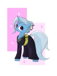 Size: 768x1024 | Tagged: safe, artist:mizore43, trixie, pony, unicorn, g4, alternate hairstyle, clothes, female, heart, kimono (clothing), mare, solo