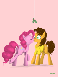 Size: 768x1024 | Tagged: safe, artist:mizore43, cheese sandwich, pinkie pie, earth pony, pony, g4, female, holly, holly mistaken for mistletoe, kiss on the lips, kissing, male, mare, ship:cheesepie, shipping, stallion, straight