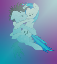 Size: 920x1040 | Tagged: safe, artist:frostyna51, dj pon-3, neon lights, rising star, vinyl scratch, g4, female, kissing, male, ship:vinylights, shipping, straight