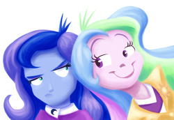 Size: 576x396 | Tagged: safe, artist:wigmania, princess celestia, princess luna, principal celestia, vice principal luna, equestria girls, g4, c:, clothes, cute, cutelestia, faic, frown, glare, humanized, luna is not amused, simple background, smiling, smirk, trollestia, unamused, white background