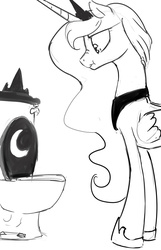 Size: 771x1200 | Tagged: safe, artist:silfoe, princess luna, alicorn, pony, royal sketchbook, g4, :t, black and white, female, grayscale, mare, monochrome, nose wrinkle, scrunchy face, solo, toilet, toilet humor