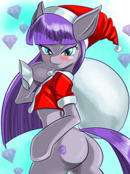 Size: 1280x1710 | Tagged: safe, artist:汚自慰, maud pie, earth pony, pony, semi-anthro, g4, bag, bipedal, blushing, boulder buns, butt, christmas, clothes, cute, female, hat, looking at you, plot, sack, santa costume, santa hat, santa sack, sexy santa costume, solo, wrong cutie mark
