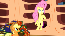 Size: 1280x720 | Tagged: safe, screencap, applejack, fluttershy, g4, magic duel, book, great moments in animation