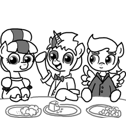 Size: 640x600 | Tagged: safe, artist:ficficponyfic, oc, oc only, oc:shock top, pegasus, pony, unicorn, colt quest, bowtie, clothes, colt, cyoa, dress, explicit source, filly, foal, food, jello, male, party, plate, stallion, story included, suit, table