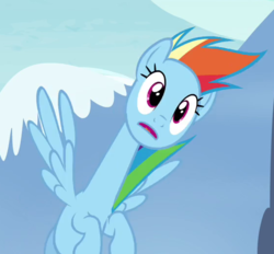 Size: 560x520 | Tagged: safe, screencap, rainbow dash, pegasus, pony, g4, testing testing 1-2-3, are you frustrated?, cropped, female, flying, great moments in animation, long neck, mare, rainbow girrash, solo