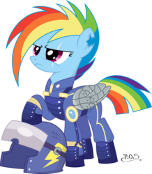 Size: 835x957 | Tagged: safe, artist:lookmaidrew, artist:midnightblitzz, rainbow dash, g4, the cutie re-mark, alternate timeline, apocalypse dash, clothes, crystal war timeline, female, helmet, scar, simple background, solo, torn ear, transparent background, uniform, vector