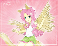 Size: 3703x2926 | Tagged: safe, artist:tokatl, fluttershy, equestria girls, g4, clothes, female, high res, ponied up, skirt, solo, tank top