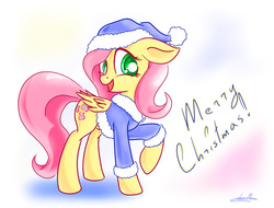 Size: 1024x778 | Tagged: dead source, safe, artist:freeedon, fluttershy, pegasus, pony, g4, christmas, clothes, coat, cute, female, floppy ears, folded wings, hat, looking at you, mare, merry christmas, open mouth, raised hoof, shyabetes, simple background, smiling, solo, standing, turned head, white background, wings, winter coat, winter hat, winter outfit