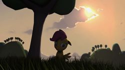 Size: 1024x576 | Tagged: safe, artist:neon-ns, scootaloo, g4, 3d, female, grass, remade, sad, solo, source filmmaker, tree