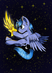 Size: 1600x2263 | Tagged: safe, artist:panhaukatze, princess luna, g4, female, s1 luna, solo, space, stars, tangible heavenly object, traditional art, watermark