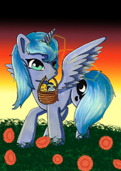 Size: 1600x2263 | Tagged: safe, artist:panhaukatze, princess luna, g4, basket, dawn, easter, easter egg, egg, female, flower, mouth hold, s1 luna, solo, spread wings, traditional art, twilight (astronomy), watermark