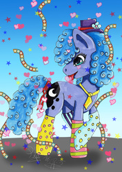 Size: 1600x2263 | Tagged: safe, artist:panhaukatze, princess luna, g4, clothes, confetti, female, hat, s1 luna, socks, solo, streamers, tail wrap, tongue out, traditional art, watermark